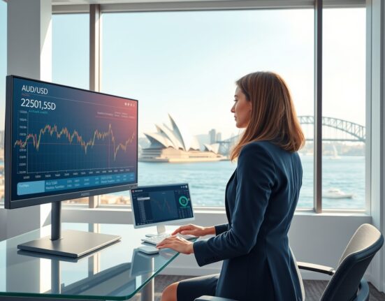 Financial analyst in Sydney examines AUD/USD exchange rate and inflation data affecting Australian dollar valuation.