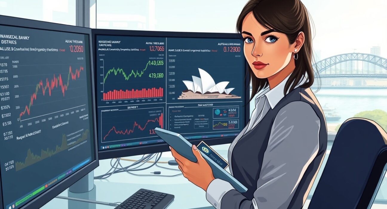 Financial analyst analyzing AUD/USD exchange rates and Australian employment data for RBA policy decisions