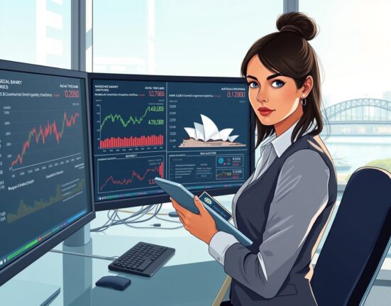 Financial analyst analyzing AUD/USD exchange rates and Australian employment data for RBA policy decisions