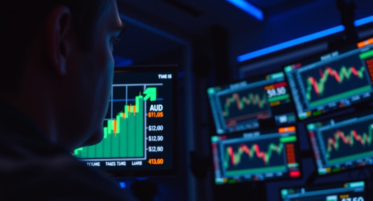 Financial trader monitoring AUD/USD forex charts on multiple screens in a modern trading room.