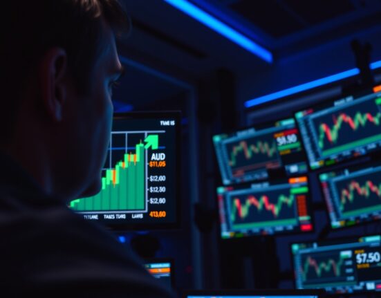 Financial trader monitoring AUD/USD forex charts on multiple screens in a modern trading room.