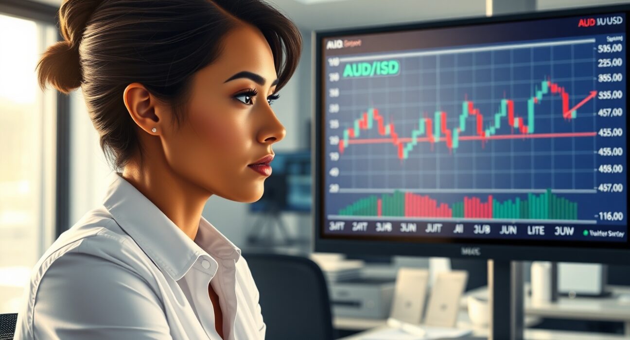Financial analyst monitoring AUD/USD chart approaching key support level