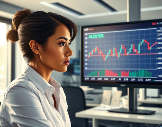 Financial analyst monitoring AUD/USD chart approaching key support level