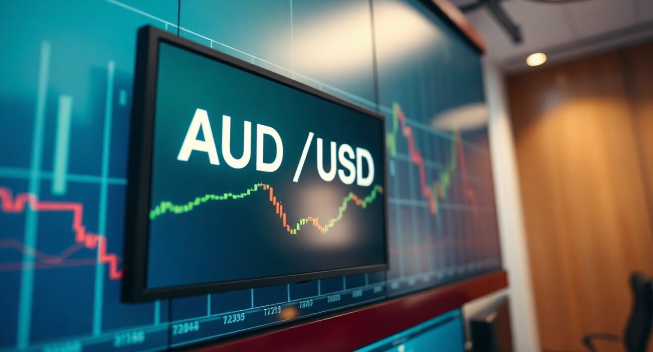 A digital trading screen showing the AUD/USD currency pair with a modest upward movement, representing a cautious market recovery.
