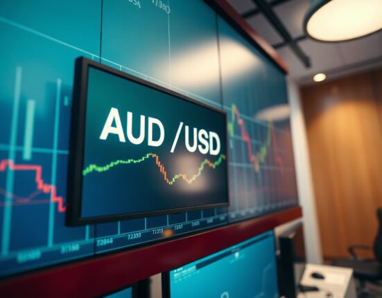 A digital trading screen showing the AUD/USD currency pair with a modest upward movement, representing a cautious market recovery.