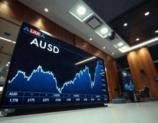 AUD/USD price chart showing upward momentum toward 0.7200 on a trading screen