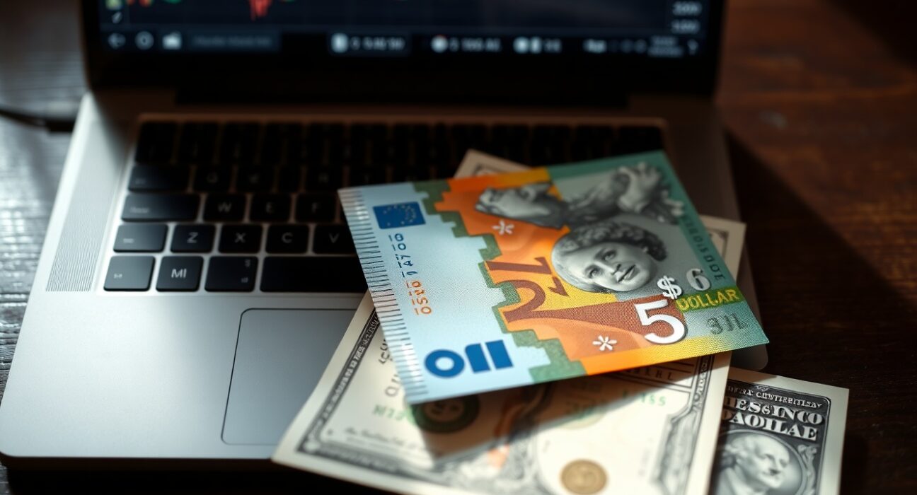 Australian Dollar and US Dollar banknotes on a desk with a laptop showing an upward forex chart