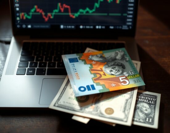 Australian Dollar and US Dollar banknotes on a desk with a laptop showing an upward forex chart
