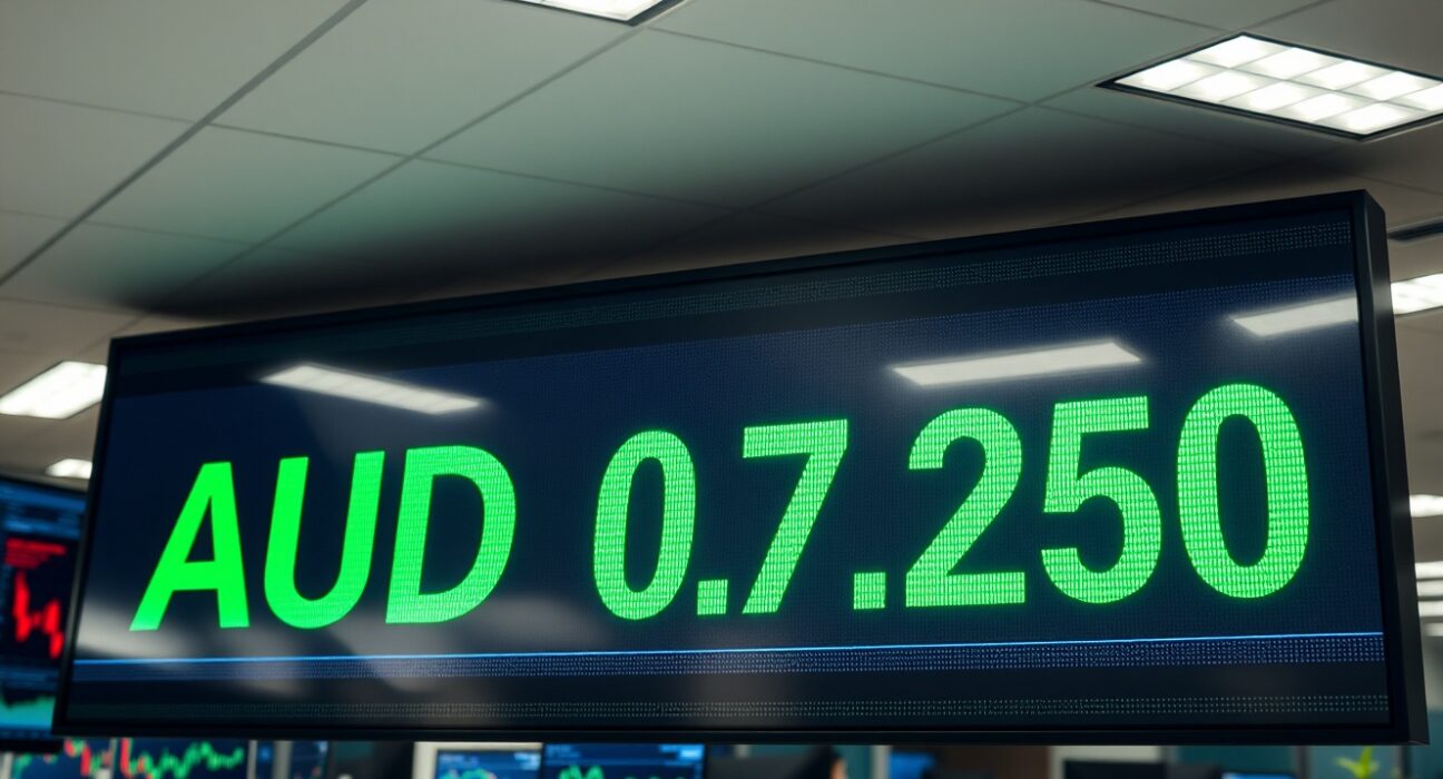 Electronic forex board showing AUD/USD at 0.7270 in a modern financial office