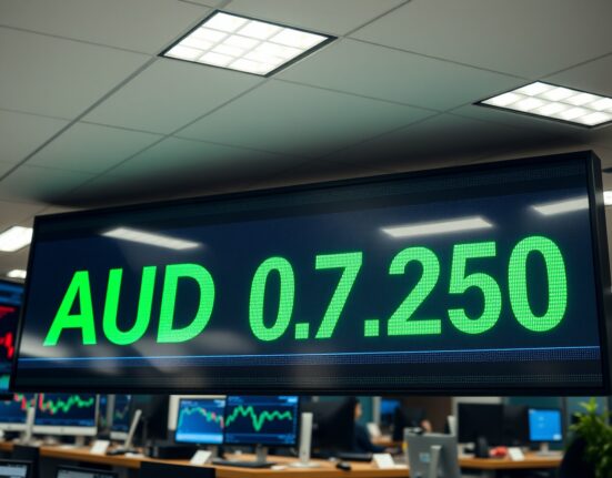 Electronic forex board showing AUD/USD at 0.7270 in a modern financial office