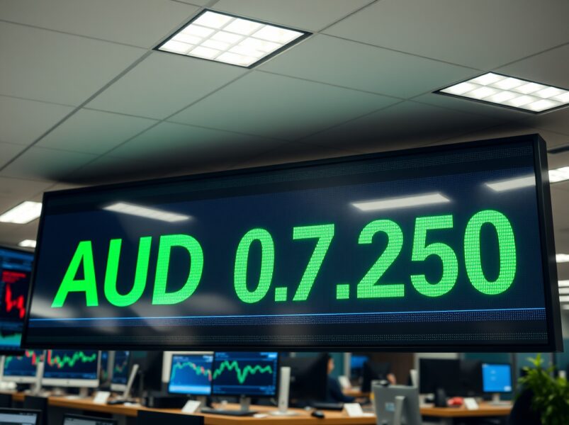 Electronic forex board showing AUD/USD at 0.7270 in a modern financial office