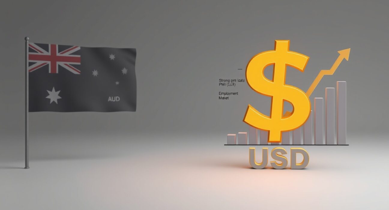 AUD/USD muted as strong US PMIs and firm labor data boost the US Dollar, showing a split visual of the Australian and US currencies with economic data.