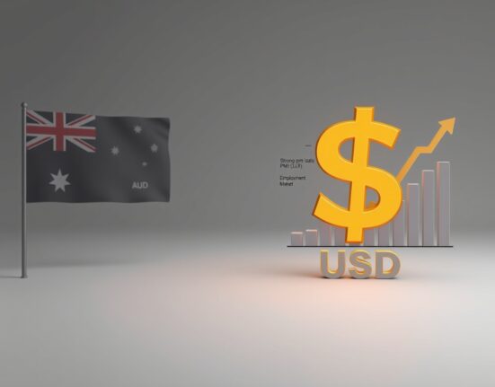 AUD/USD muted as strong US PMIs and firm labor data boost the US Dollar, showing a split visual of the Australian and US currencies with economic data.