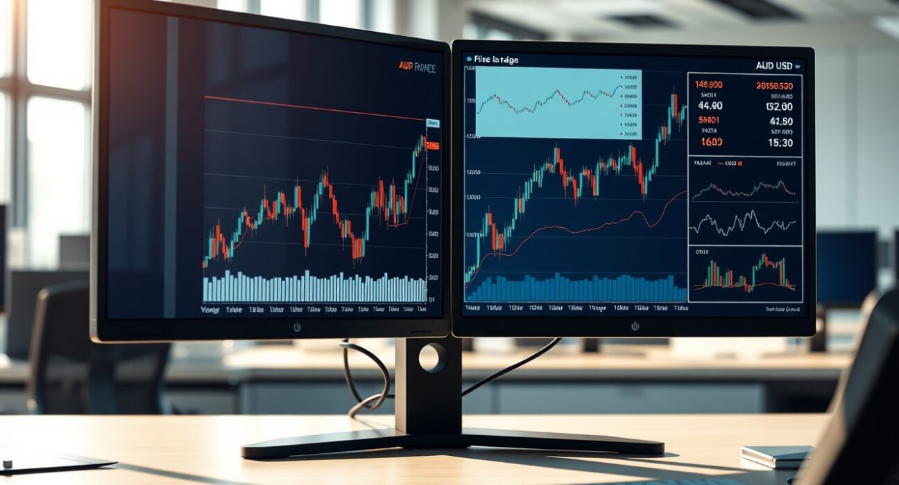 Forex trading desk displaying AUD/USD charts and US CPI data analysis for monetary policy insights.