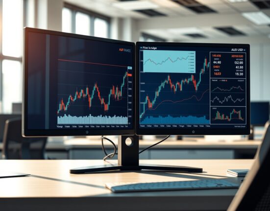 Forex trading desk displaying AUD/USD charts and US CPI data analysis for monetary policy insights.