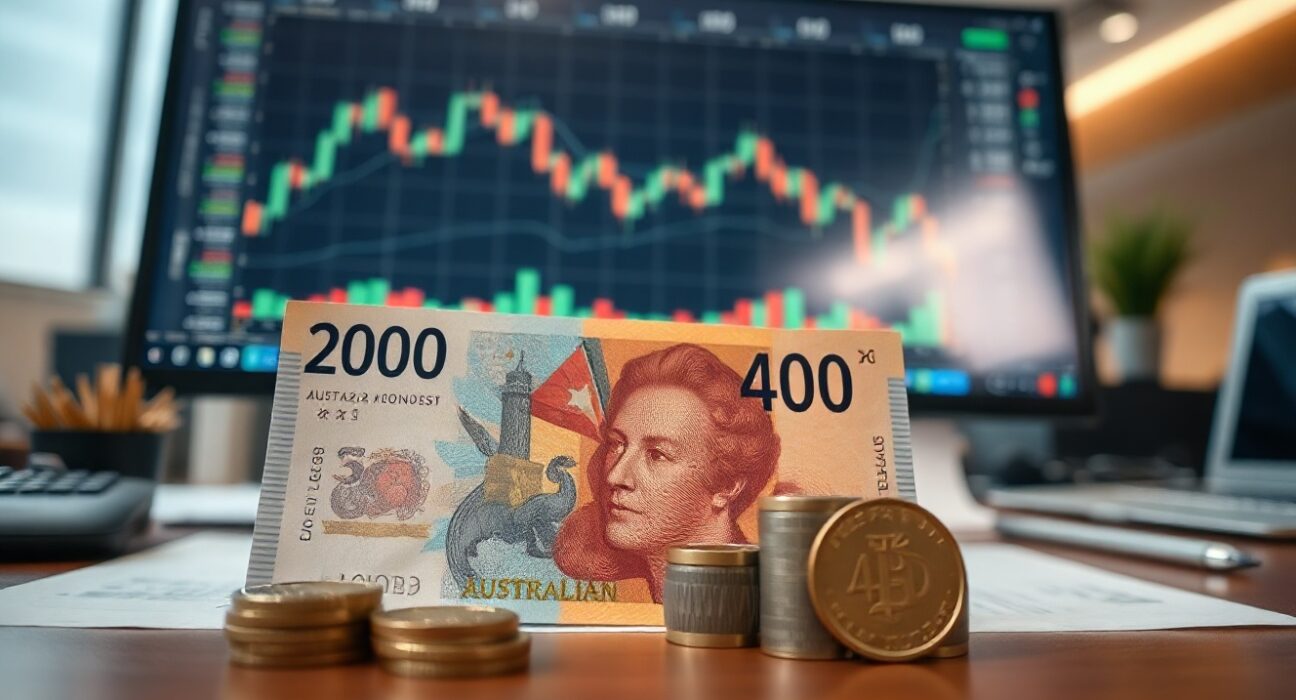 Australian Dollar banknotes and coins on a trading desk with a candlestick chart in the background