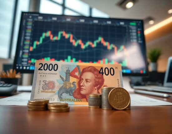 Australian Dollar banknotes and coins on a trading desk with a candlestick chart in the background