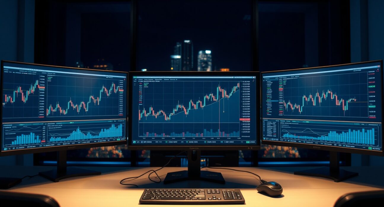 AUD/USD forex chart showing upward trend on trading monitors in a dimly lit financial trading desk