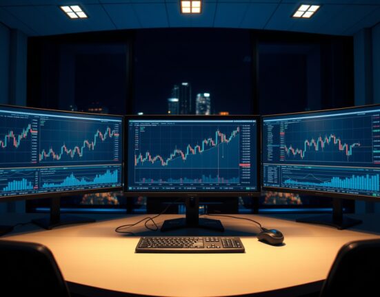 AUD/USD forex chart showing upward trend on trading monitors in a dimly lit financial trading desk