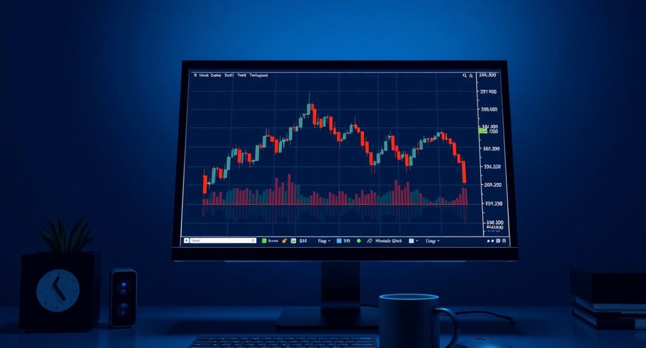 Forex trading monitor showing AUD/USD chart with negative bias and support level at 0.7030