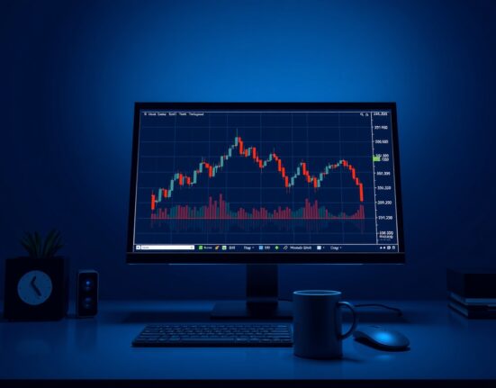 Forex trading monitor showing AUD/USD chart with negative bias and support level at 0.7030