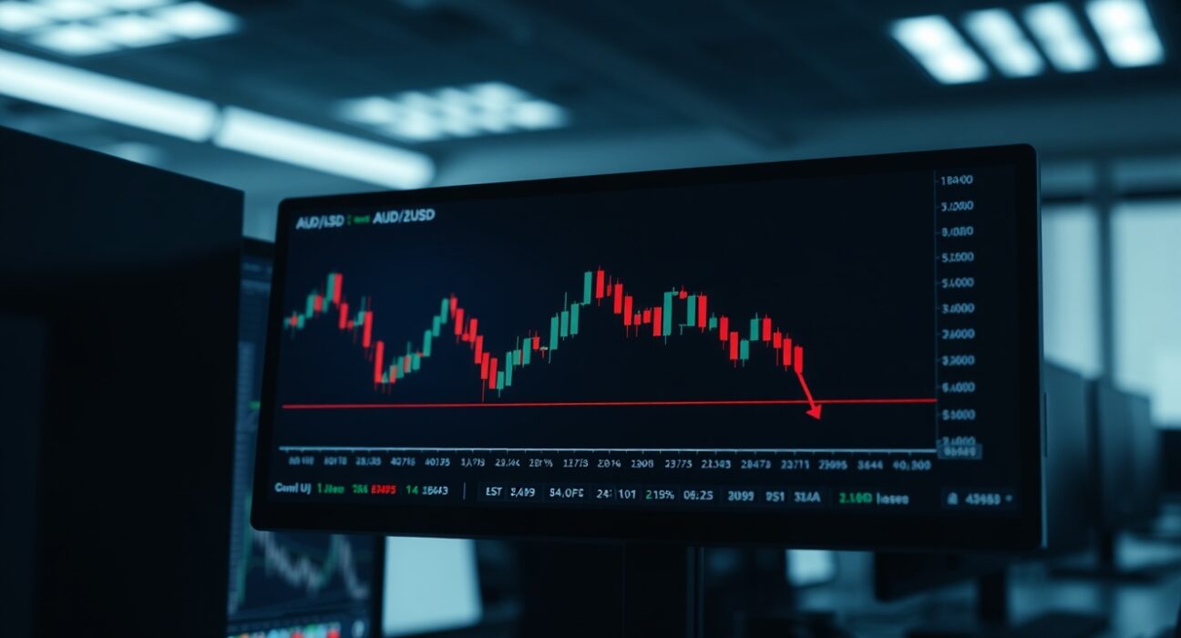 AUD/USD chart showing a downtrend on a trading screen in a professional office.