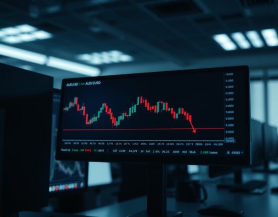 AUD/USD chart showing a downtrend on a trading screen in a professional office.