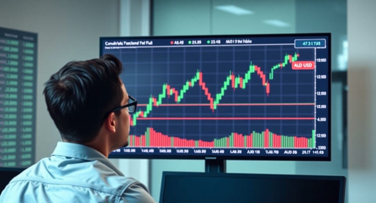 Financial analyst monitoring AUD/USD forex chart in a modern office setting.