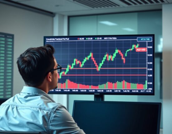 Financial analyst monitoring AUD/USD forex chart in a modern office setting.