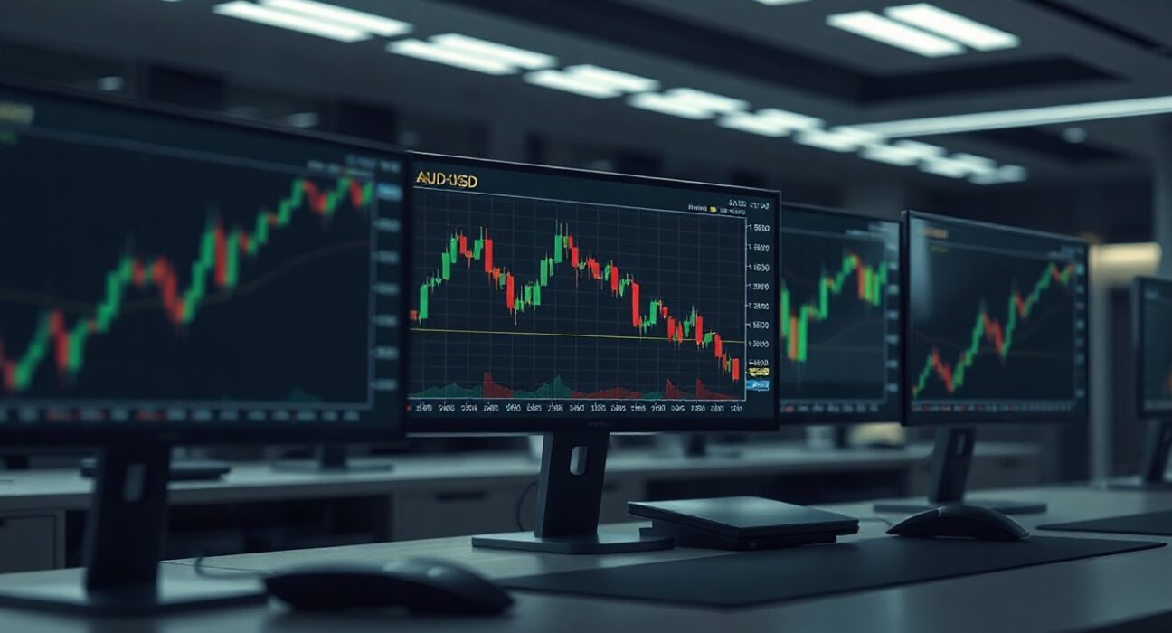 Financial trading monitors showing AUD/USD bearish chart patterns on a professional trading desk