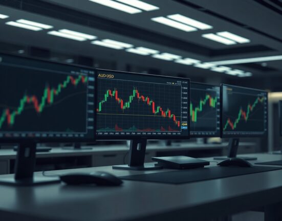 Financial trading monitors showing AUD/USD bearish chart patterns on a professional trading desk