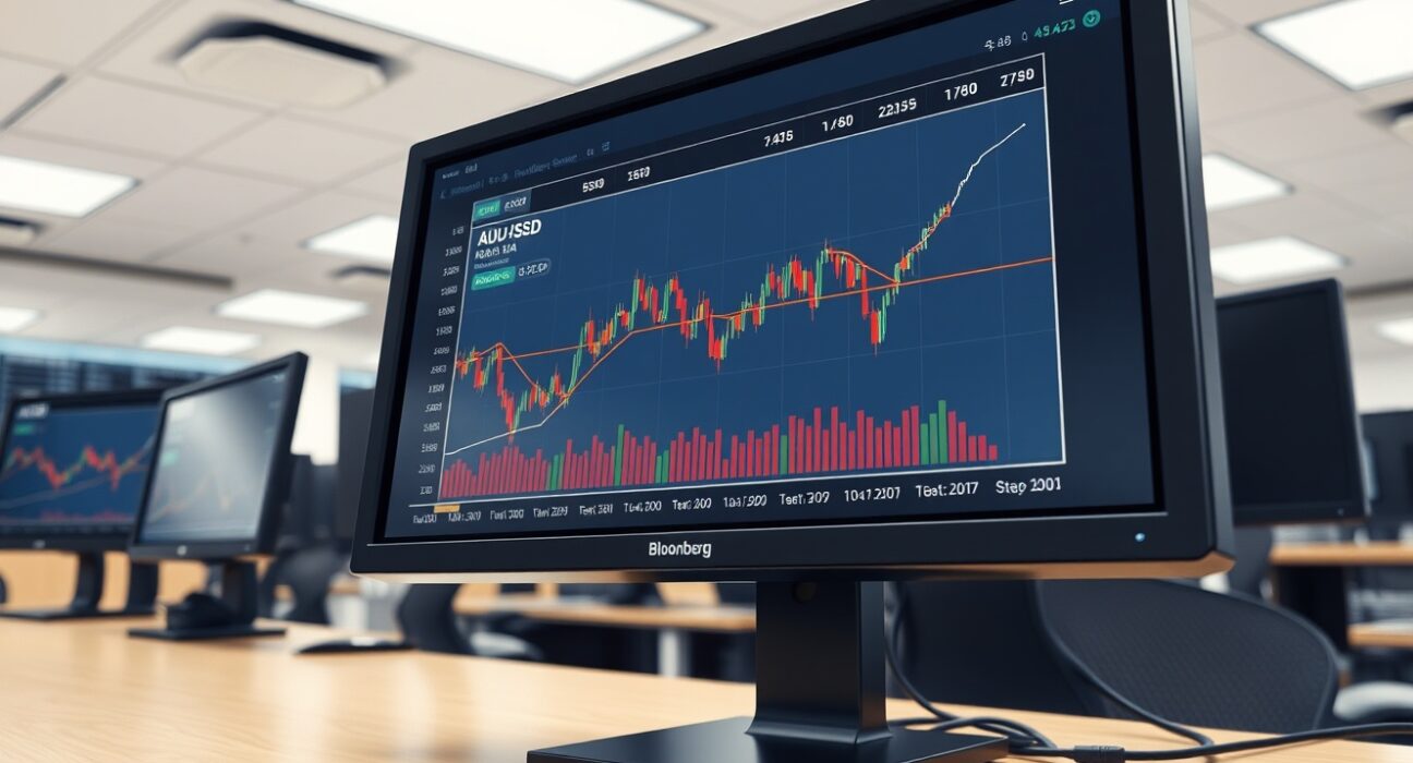 AUD/USD currency chart analysis on trading terminal showing gap retracement amid geopolitical risk assessment.