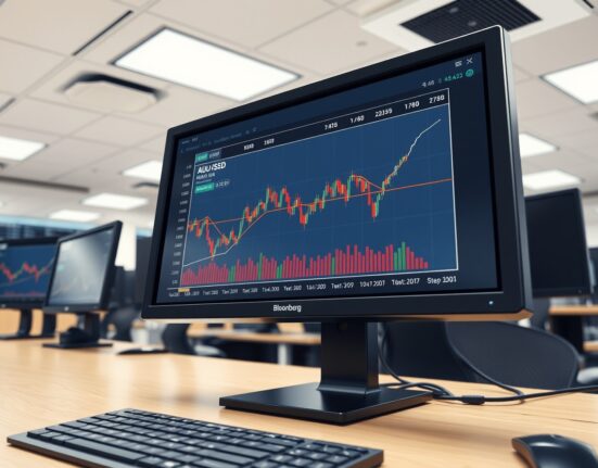 AUD/USD currency chart analysis on trading terminal showing gap retracement amid geopolitical risk assessment.