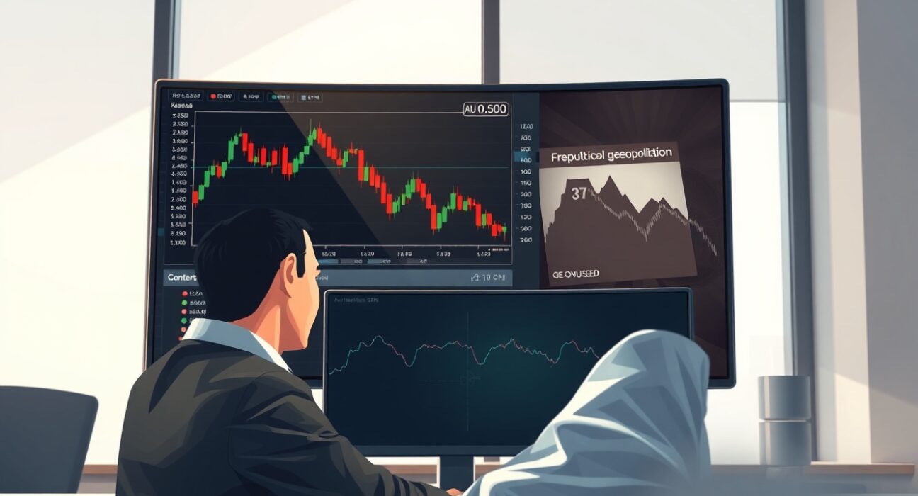 Trader analyzing AUD/USD chart crashing below 0.6900 amid geopolitical risk.