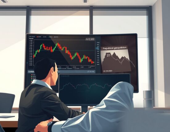 Trader analyzing AUD/USD chart crashing below 0.6900 amid geopolitical risk.