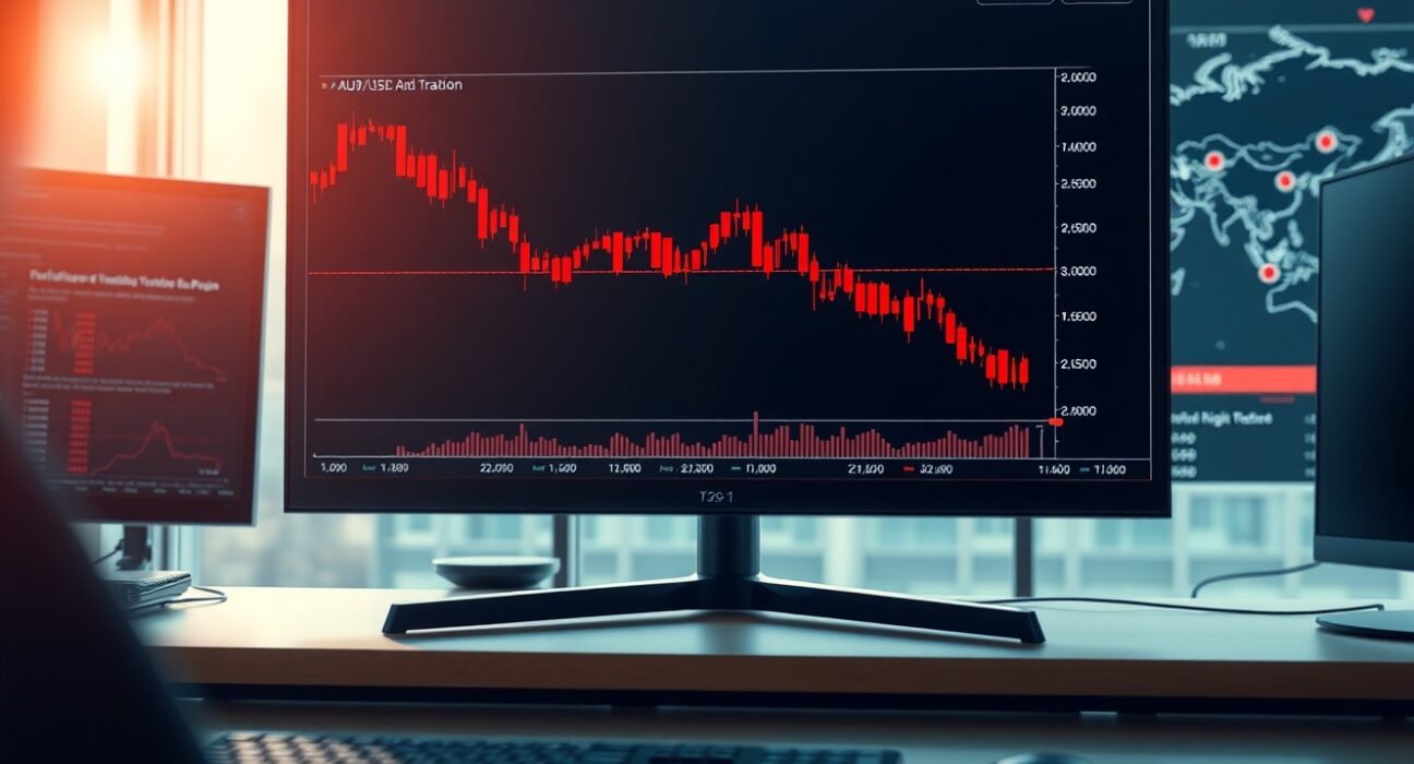 AUD/USD currency pair chart showing decline due to geopolitical risk and US Dollar strength.