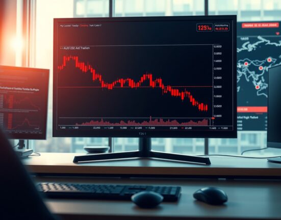 AUD/USD currency pair chart showing decline due to geopolitical risk and US Dollar strength.
