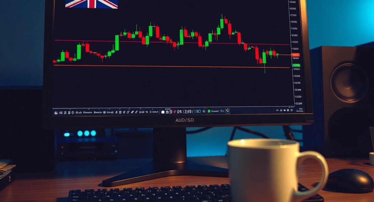 AUD/USD candlestick chart showing downward trend with 0.6830 support level on a trading screen