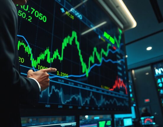 AUD/USD chart approaching 0.7050 resistance with 100-day SMA on trading floor screen