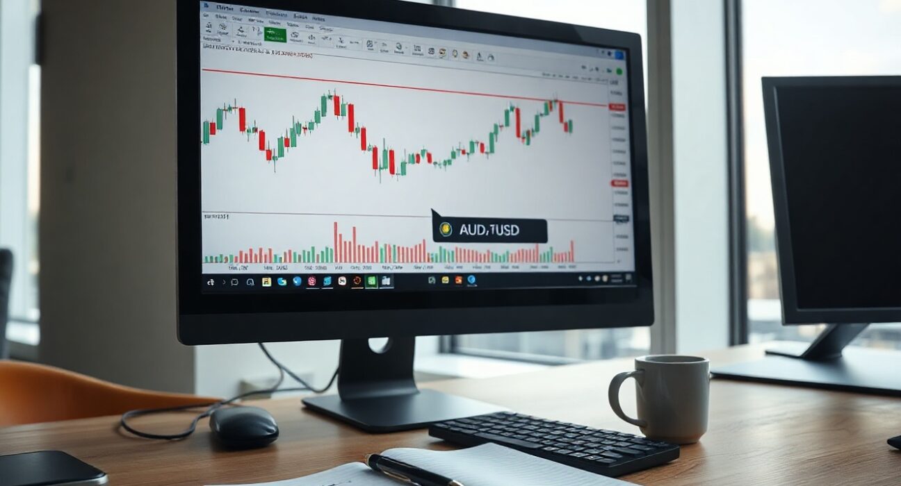 AUD/USD price chart near 0.7050 with Fibonacci levels on a trading monitor