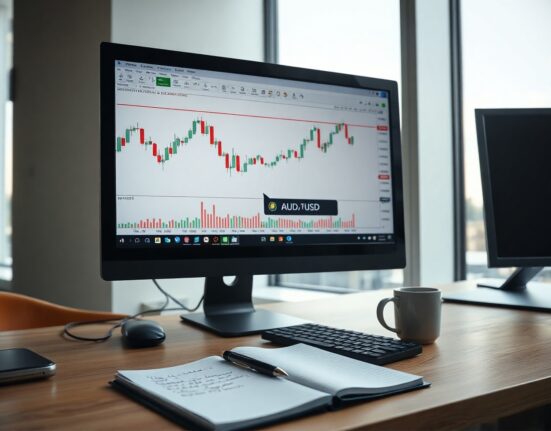 AUD/USD price chart near 0.7050 with Fibonacci levels on a trading monitor