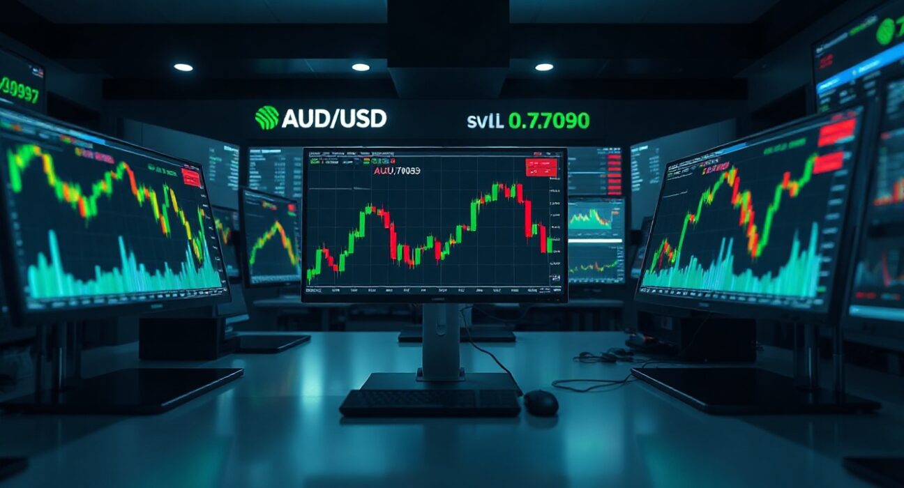 Forex trading desk with AUD/USD price chart showing bullish trend near 0.7090 level