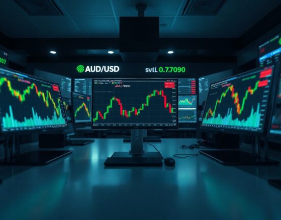 Forex trading desk with AUD/USD price chart showing bullish trend near 0.7090 level