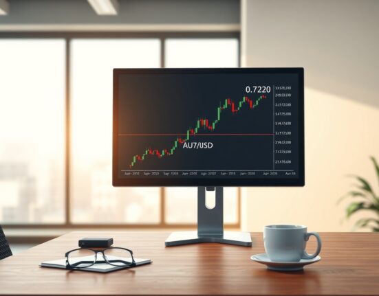 AUD/USD price forecast chart showing bullish momentum towards the 0.7220 multi-year high resistance level on a trading monitor