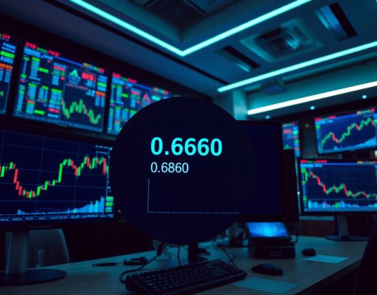 Trading desk monitors showing AUD/USD chart with 0.6860 support level highlighted