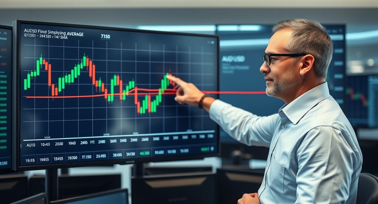 Financial analyst reviewing AUD/USD candlestick chart with 200-SMA on H4 timeframe
