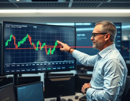 Financial analyst reviewing AUD/USD candlestick chart with 200-SMA on H4 timeframe