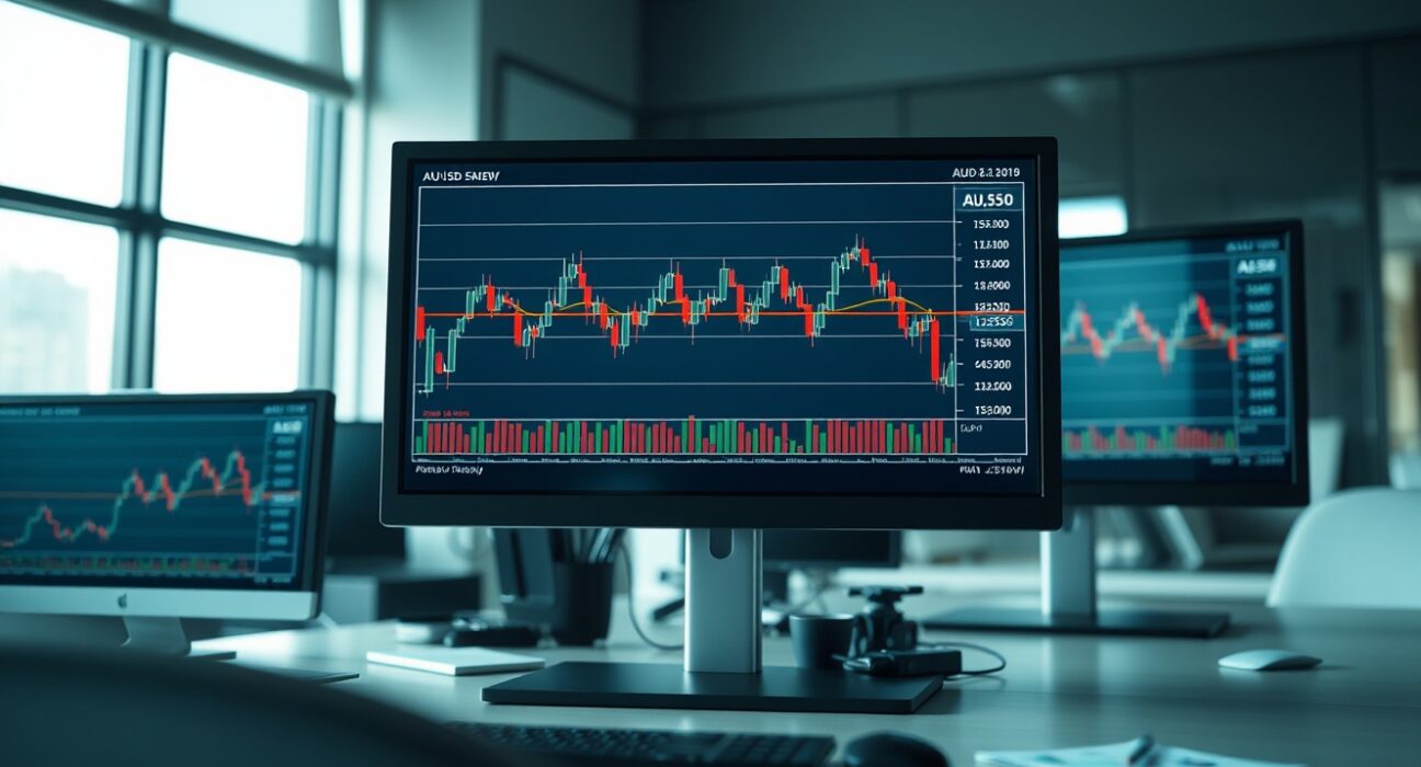 AUD/USD forex chart approaching 0.6950 level on trading desk monitors