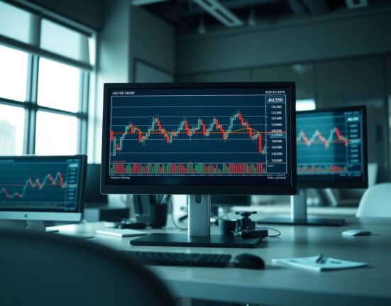 AUD/USD forex chart approaching 0.6950 level on trading desk monitors