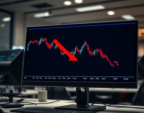 Downward-trending AUD/USD candlestick chart with 20-day EMA sloping lower on a trading monitor